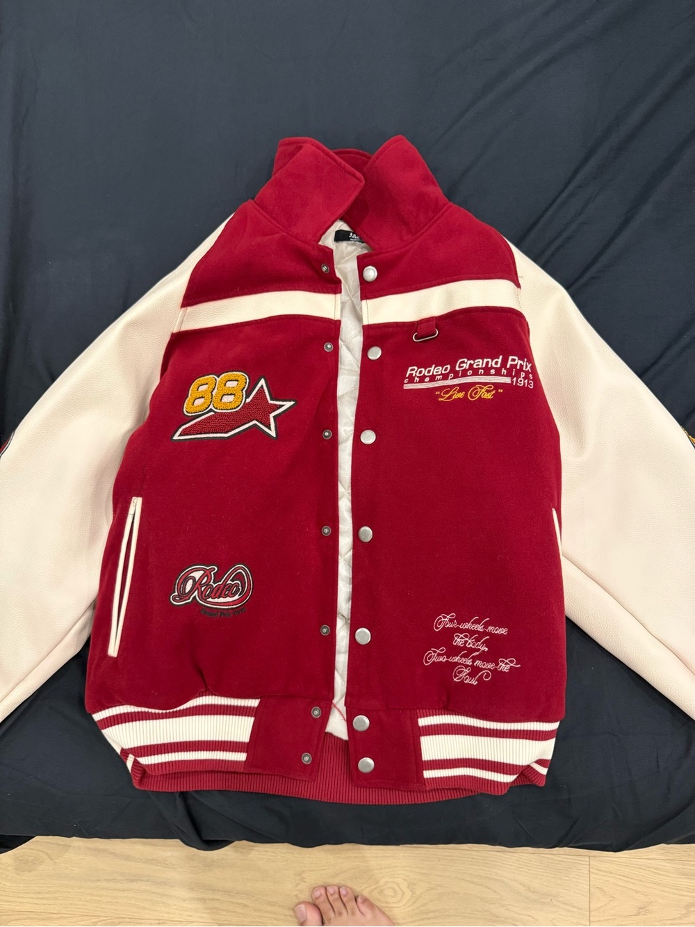 Jaded London Red and Cream Varsity Bomber Jacket with Embroidered Patches